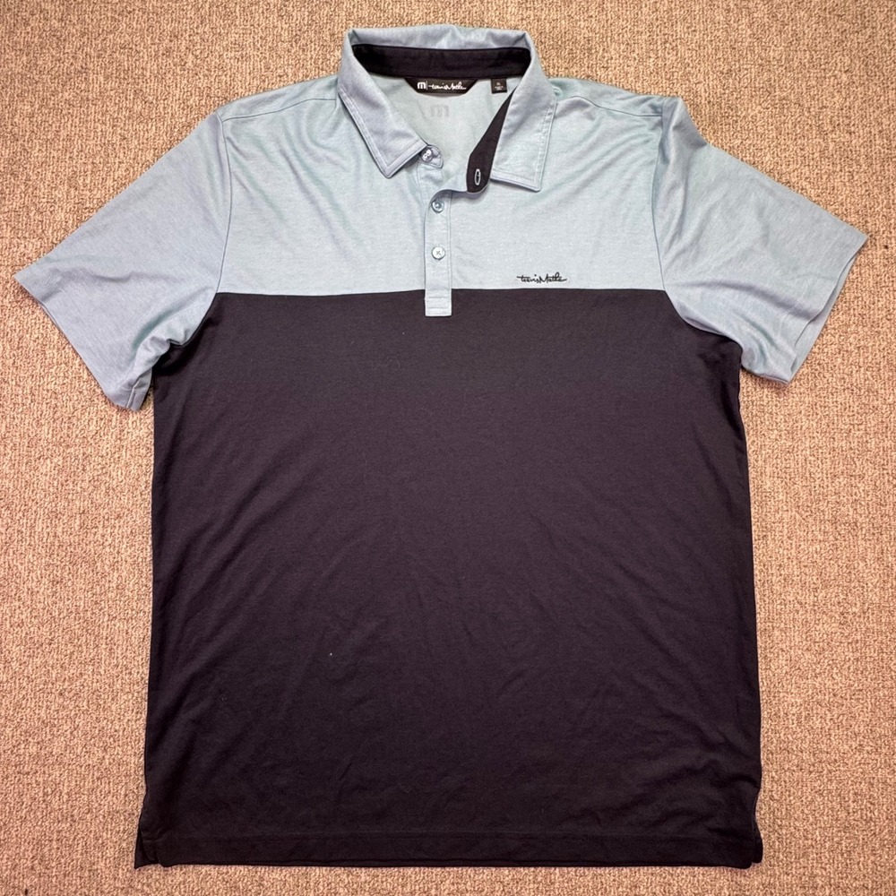 TravisMathew Men XL Polo Shirt Blue Black Colorblock Golf Shirt Pima Cotton